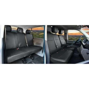 VW T5, T6, T6.1 Transporter / Caravelle 6 miejsc (od 2015-) Pokrowce dedykowane MEISTER (czarna eko-skóra)